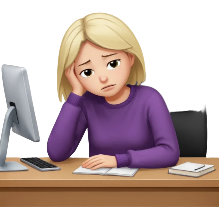 A woman wearing a jumper experiencing burnout, exhausted and overwhelmed, tired eyes, slumped posture, sitting at a desk, iOS emoji style emoji