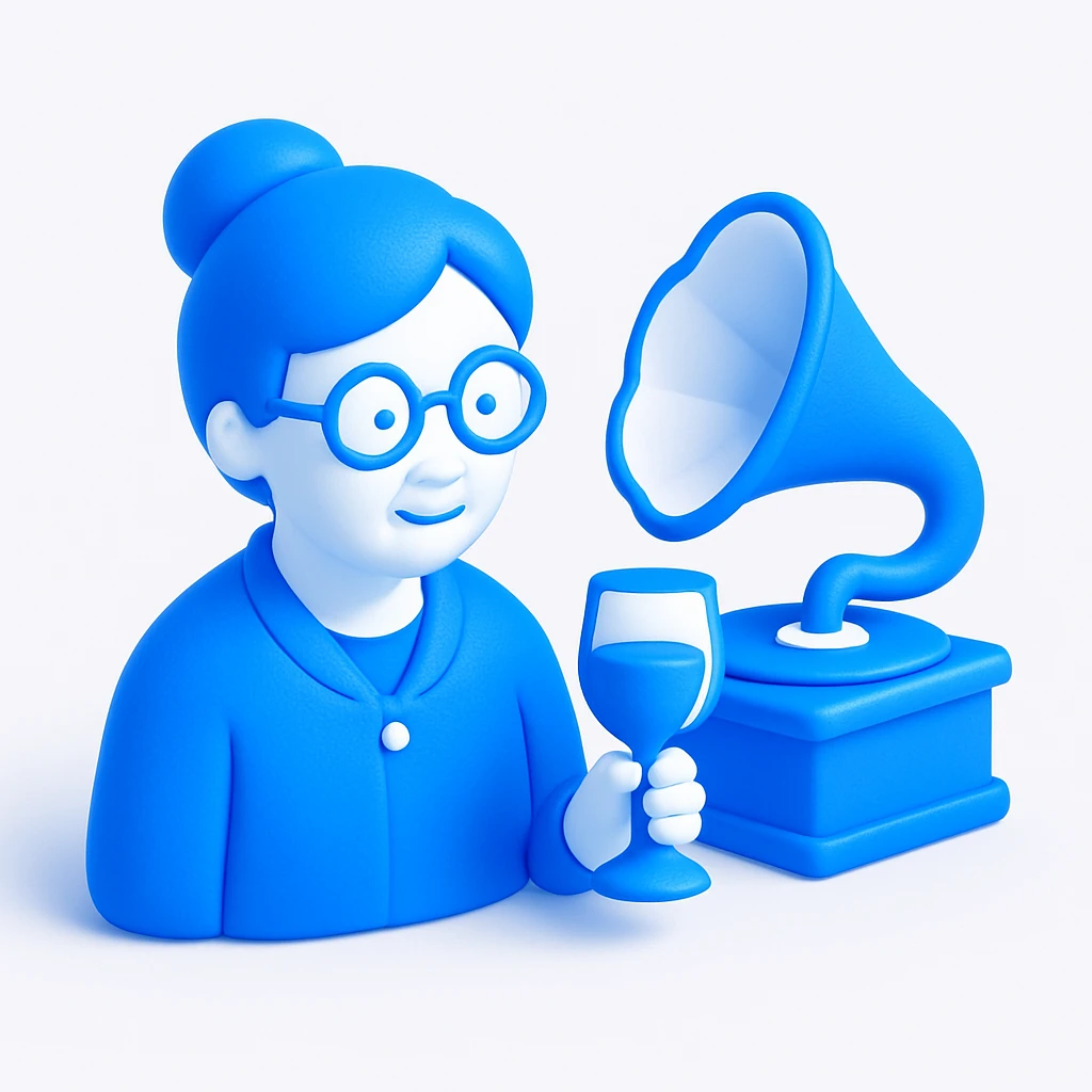 old lady with wineglass listening to gramophone emoji