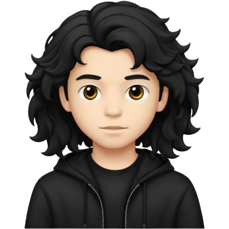Menino de 15 anos de cabelo preto ondulado volumoso e de roupa preta emoji