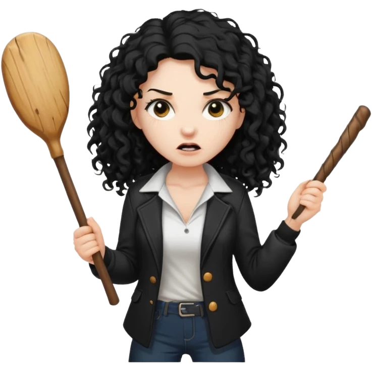 Hey, please generate me an emoji that depicts a woman white skin long black curly disheveled hair slightly thicker, she is wearing a white T-shirt and a black unbuttoned jacket she is furious she is holding a large wodden STICK  emoji