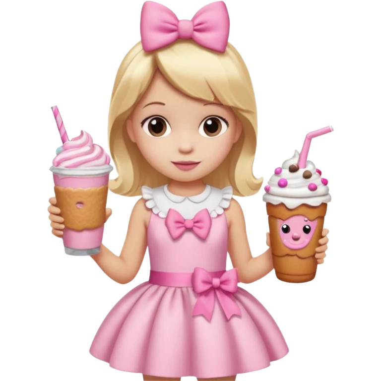 A little girl with a Dunkin' milkshake and a donut with pink frosting and marshmallows, wearing a pink coquette-style dress with bows and blonde hair. emoji