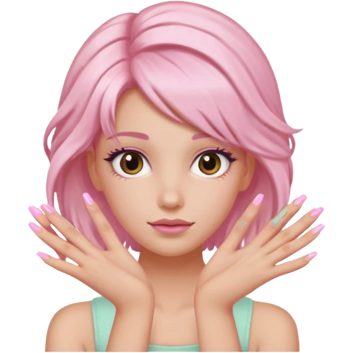close-up of hands with pastel pink nails in hair emoji