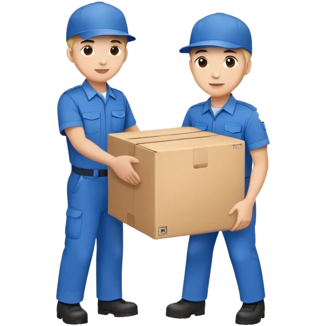 two workers in blue uniforms and hat caps carrying a large box emoji