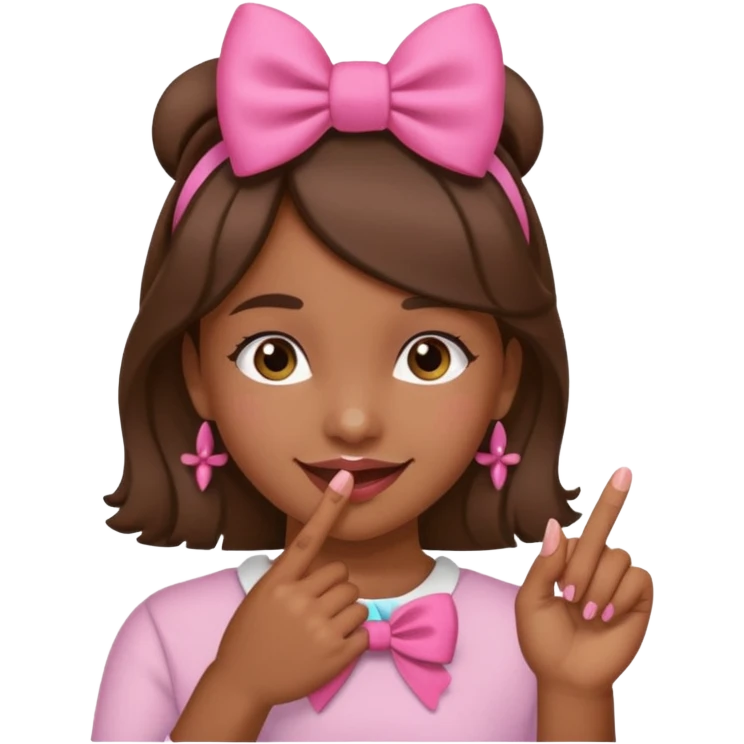 Chica morena sonriendo con un lazo rosa en la cabeza y mordiendose la punta del dedo indice con delicadeza emoji