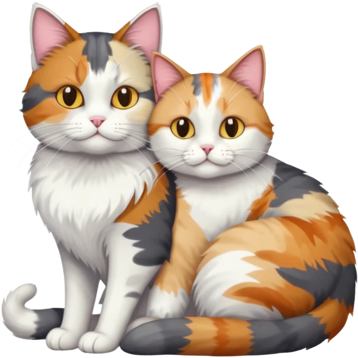 full body colourful light patched calico + white tabby cat cuddling a large grey and white cat  emoji