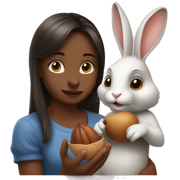 а rabbit holding a hazelnut with a brunnete girl emoji