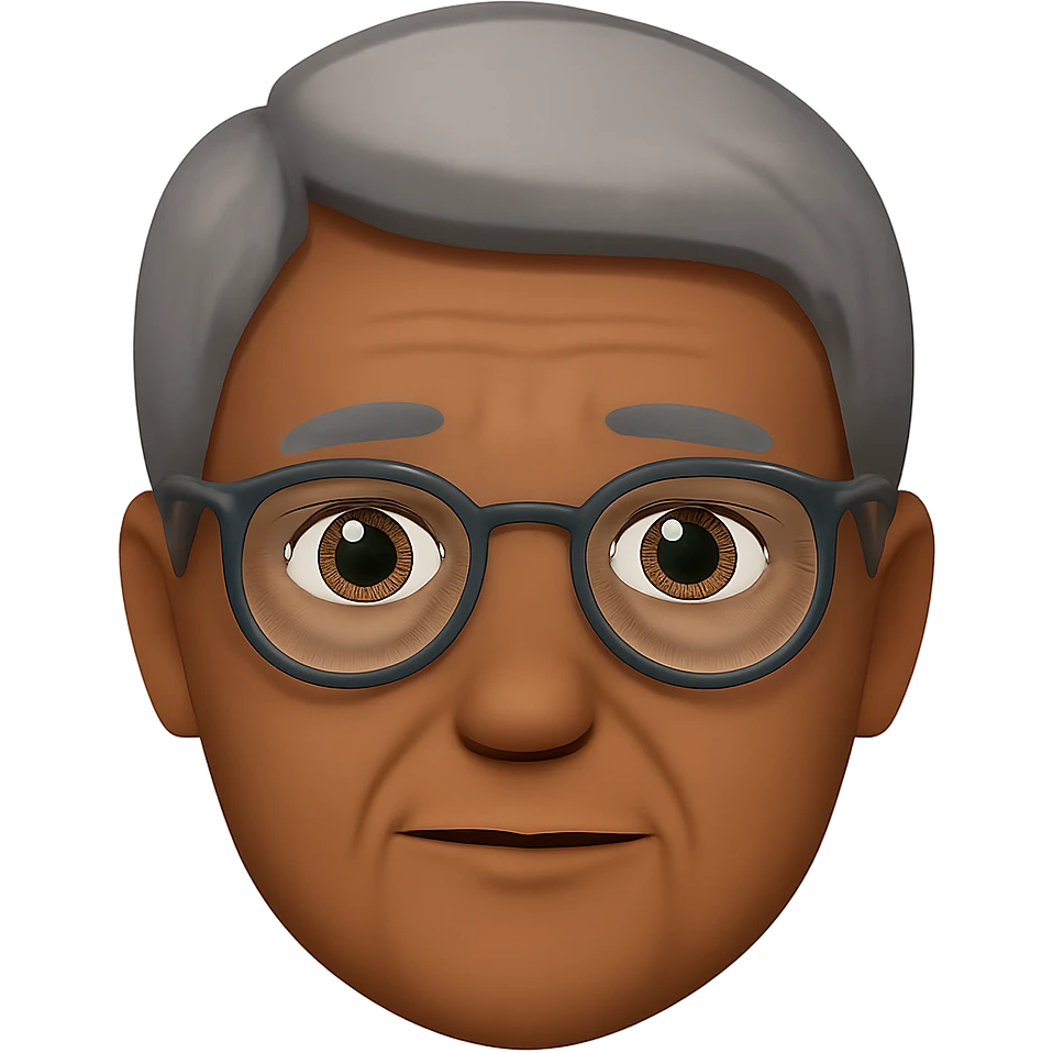 Make the middle aged Asian man look a little older with slightly gray hair, keep glasses, in emoji style, no background. emoji