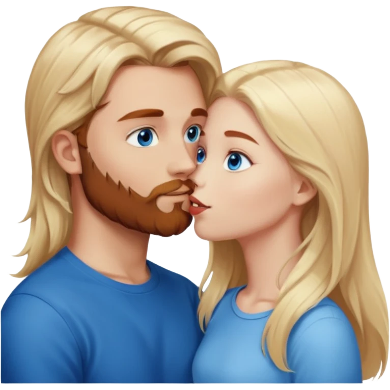 Long-pale-blonde hair, beautiful girl with blue eyes facing, kissing reddish-brown hair-beard boy blue eyed white guy emoji