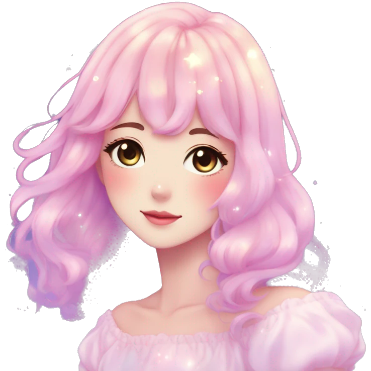 Gorgeous pastel anime style lady blushing nebula-gradient-sparkle face dreamy idol model colorful shiny stars galaxy kawaii cottagecore pearly petite simplistic aesthetic trending style emoji