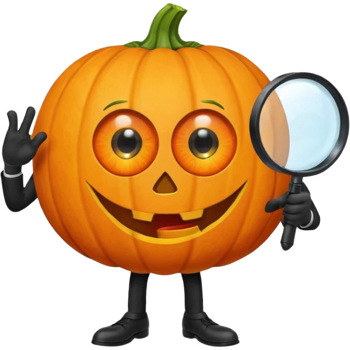 A pumpkin smiling at a magnifying glass (the magnifying glass has limbs and a suit thats black, the magnifying glass also has a eye, looks like a cyclops eye, one eye in the middle) emoji