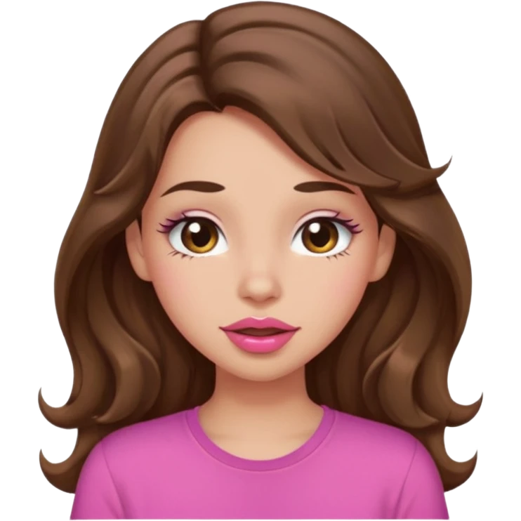 girl with long wavy brown hair, brown eyes, light to medium complexion, in a pink shirt, pink lips, long lashes, puckering lips, winking emoji