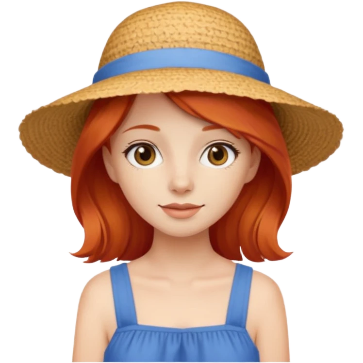 girl_wearing_summer_hat_red_hair, blue dress emoji