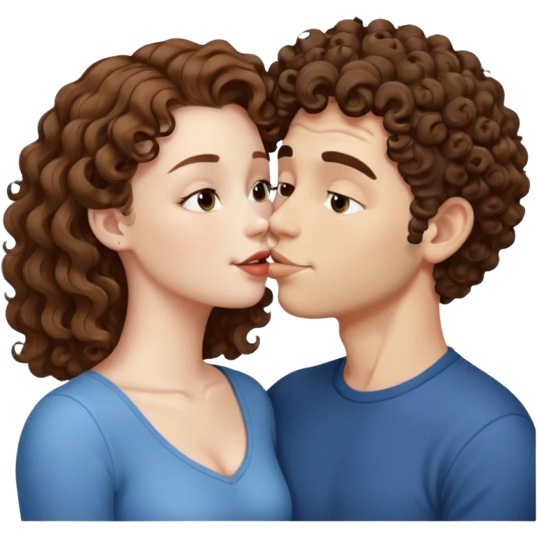 A couple kissing, the man would be white-skinned, mid fade-curly, brown-hair. The serious woman with white skin, brown color emoji