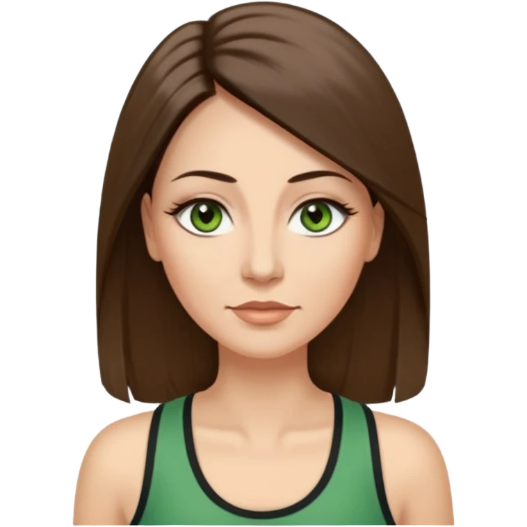 43 year old Adult woman avatar, light skin tone, long, oval face, long straight ashy brown hair, green almond-shaped eyes with dramatic eyelashes and minimal eyeliner, neutral mouth, medium straight eyebrows, average nose, smooth skin, high-neck tank top  emoji