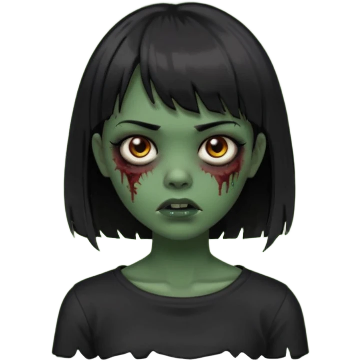 Zombie girl emoji verde escuro com cabelo curto liso preto no ombro e franja na altura da sobrancelha com uma blusa preta emoji