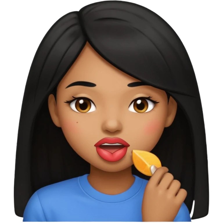 Brown light skin girl straight black hair biting her down lips and blushing emoji
