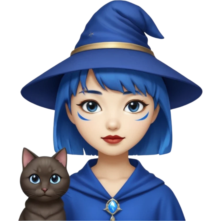 an asian short haired girl with electric blue highlighted short hair with bangs, with her silver left eye and dark brown right eye, with black cat eyed style eyeliner, and smirk of natural toned lipstick, with wizard hat with moon emblem on his hat. emoji