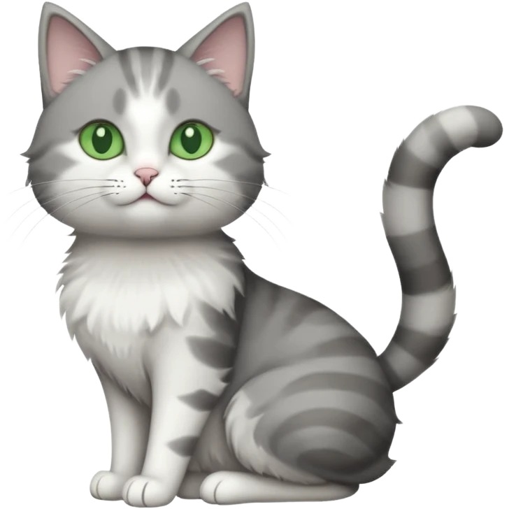 grey and white cat with green eyes doing a big extremely long stretch reaching up into the air with arms and legs side by side together straight and overextended emoji