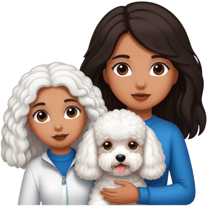 Tanned girl with dark, long hair and a bichon emoji