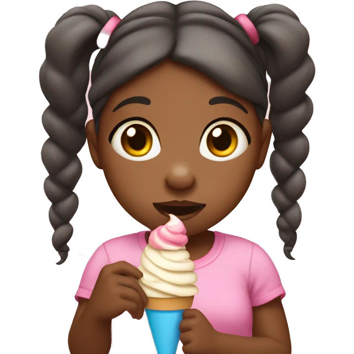 African American three year old girl with pigtails eating ice cream emoji