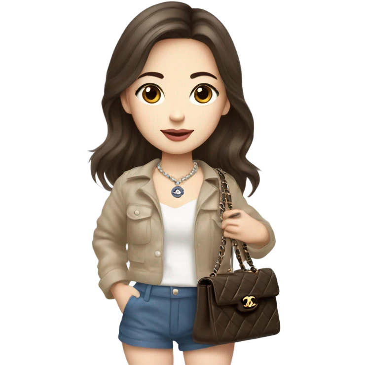 Realistic brown hair blue eyes Chanel Asian Girl with Birkin bag and Chanel necklace emoji