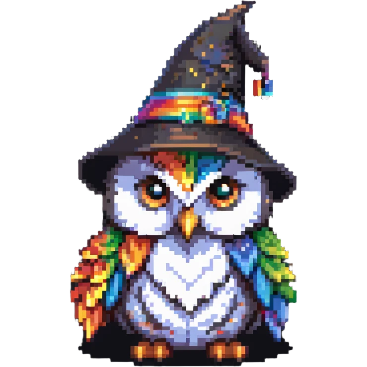 Cute owl with rainbow feathers and a wizard hat emoji