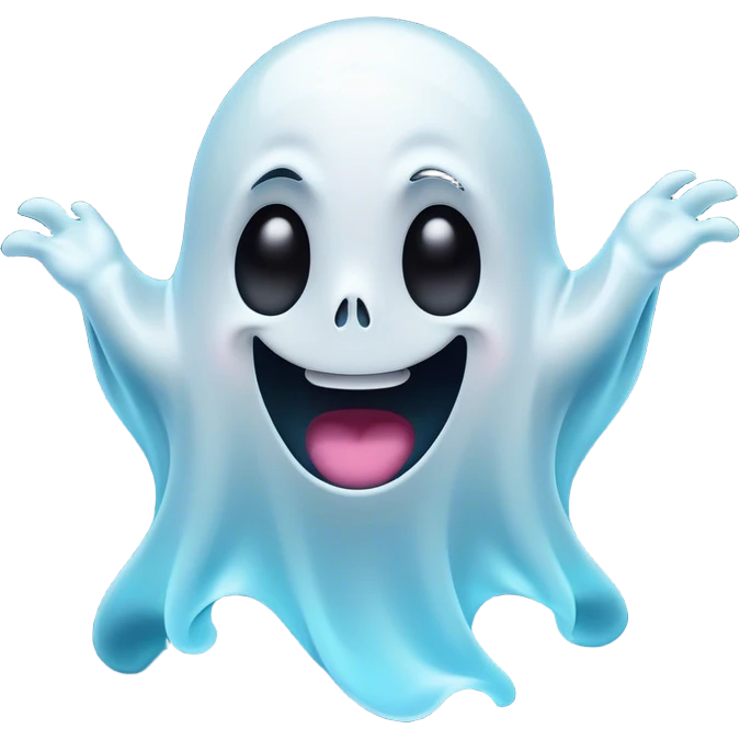 Cinematic Comical Ghost Portrait Emoji, with a dramatically floating translucent form in vibrant, swirling ghostly whites and pale blues, head tilted in an exaggeratedly shocked expression with wide, comically expressive eyes and a quirky, startled mouth, simplified yet hilariously expressive, highly detailed with a soft neon-like glowing outline capturing a meme-worthy ghost bursting with playful energy! emoji
