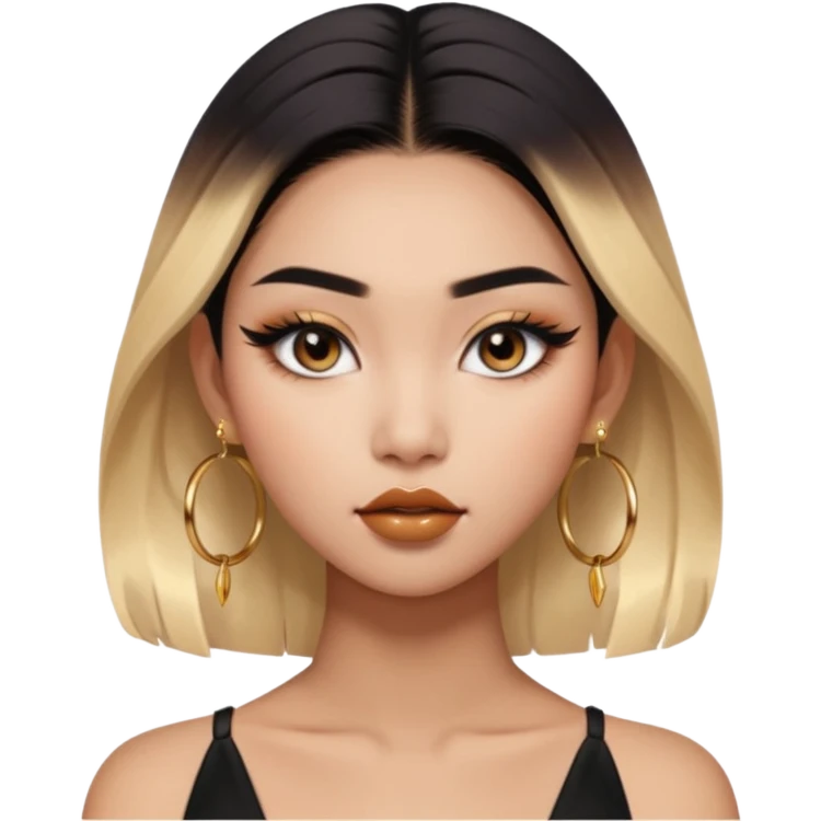 fierce confident Asian girl emoji with sharp eyeliner sculpted brows matte ombré nude lips long lashes gold hoop earrings sleek hair bold nightlife aesthetic emoji