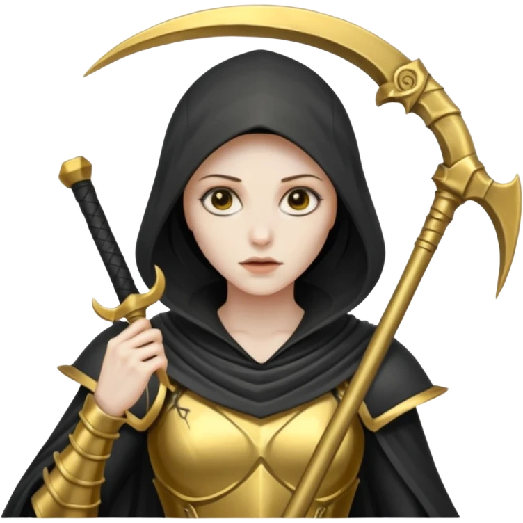 feminine grim reaper in a gold with scythe emoji