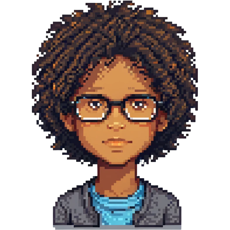 11 year old mixed-race boy with glasses and curly hair, pixel art style emoji