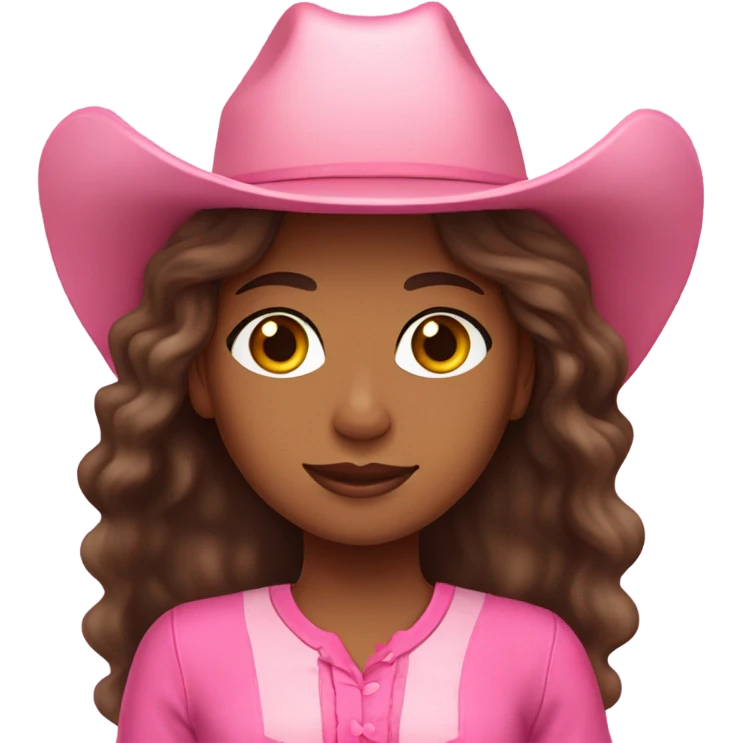 Brown girl with Long brown wavy hair pink outfit and pink cowgirl hat emoji