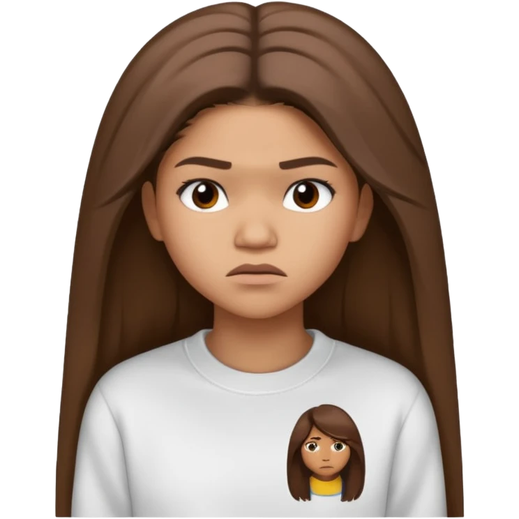 Zendaya with a worried face in a plain white sweatshirt, unhappy face, shoulders long hair combed to the right side emoji