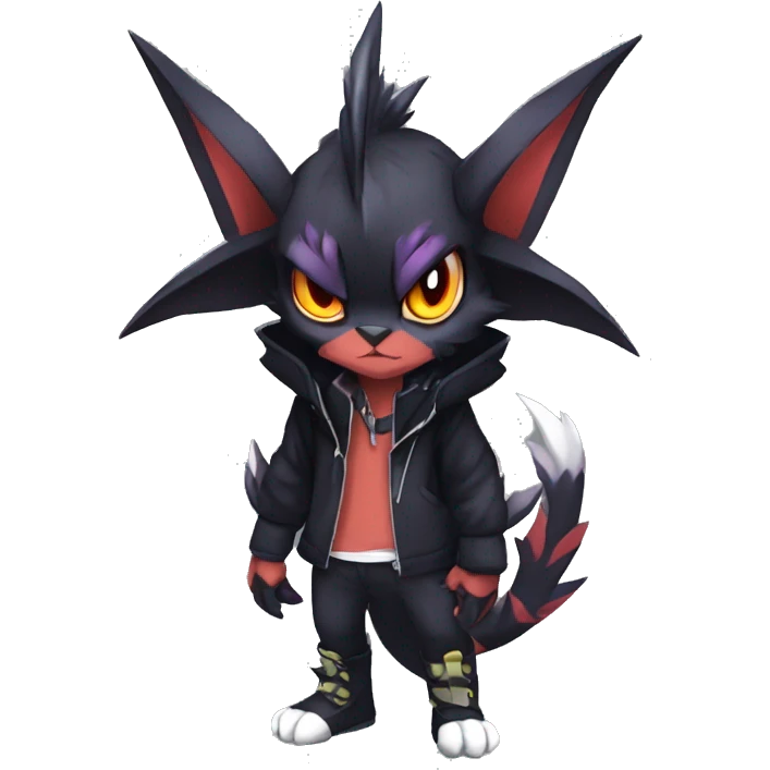 Cool Anthro Black Noivern-Absol-Litten-Pokémon with edgy stripes hoodie spiked collar punk Full Body emoji