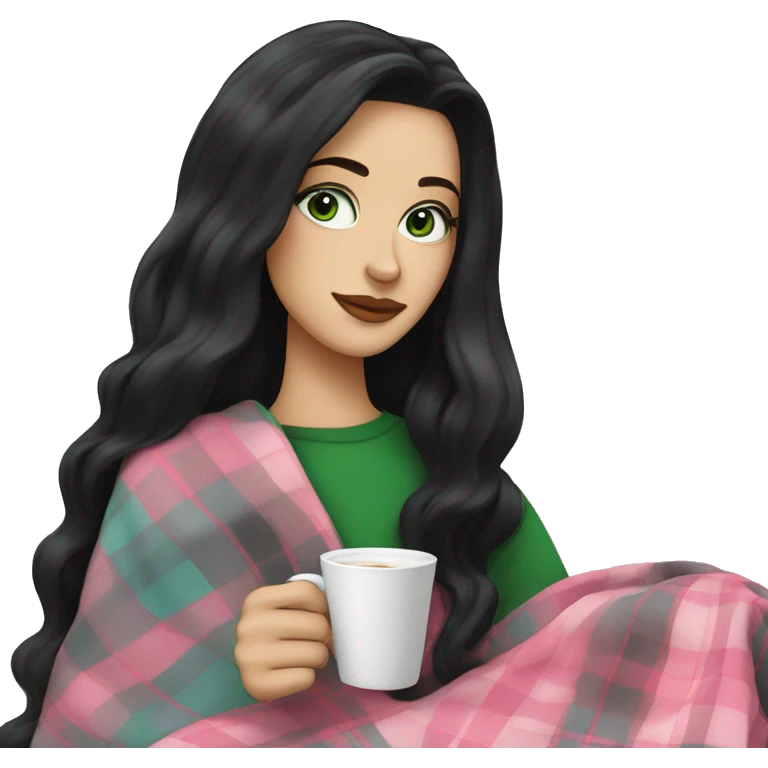 A pretty white woman with long black hair and green eyes wrapped in pastel pink plaid blanket drinking coffee emoji