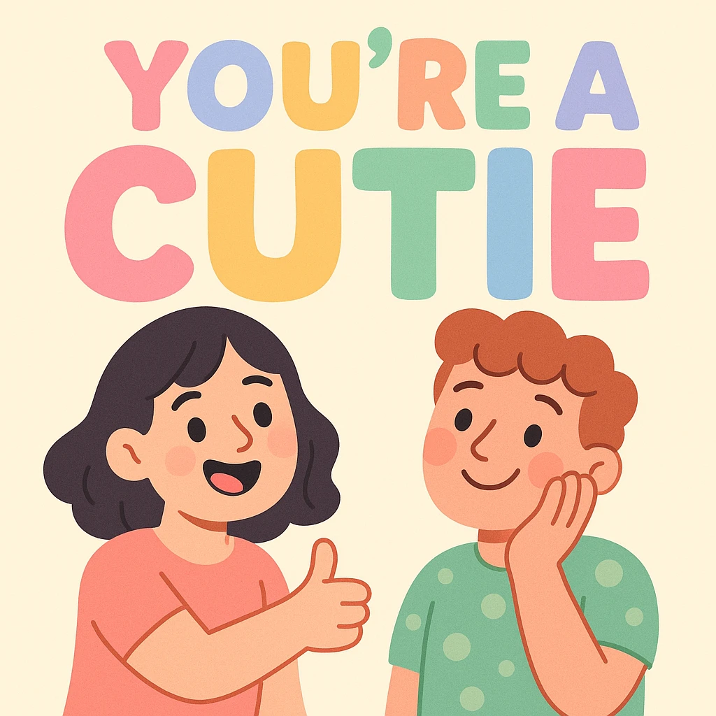 the words "you're a cutie" in pastel rainbow colors, extra bold and playful font, soft and cheerful style emoji