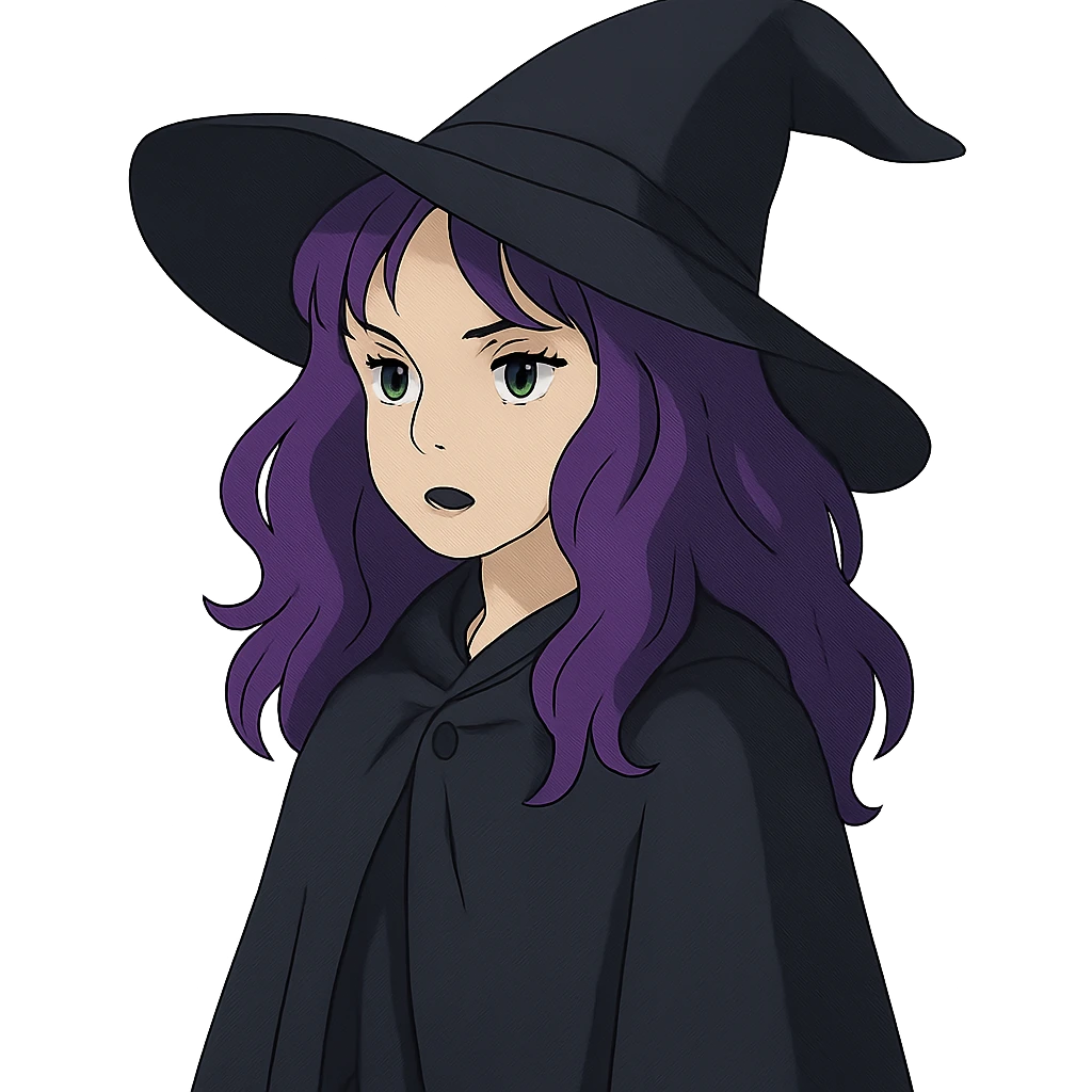 gothic woman with purple hair, witchy touch, wearing a black cloak, ghibli style emoji