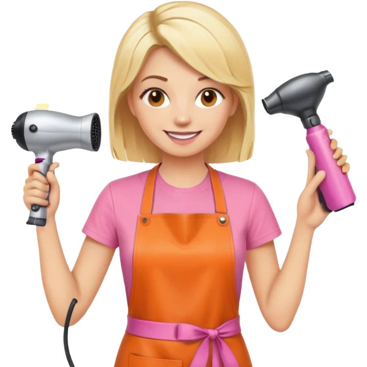 smiling blonde woman hairstylist, pink t-shirt, orange apron, hands raised, holding scissors and hairdryer emoji