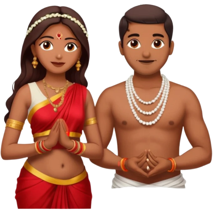 indian woman in saree and indian man in dhoti (shirtless) putting garlands on each other emoji
