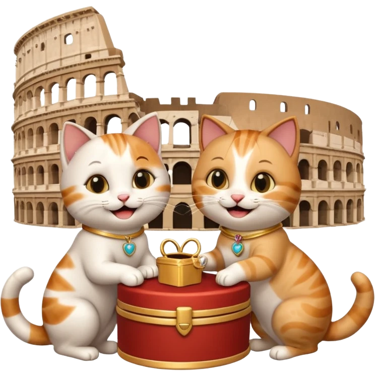 one happy cat proposing marriage to another happy cat in front of the Colosseum, both cats smiling, with a ring box, playful and cute, emoji style emoji
