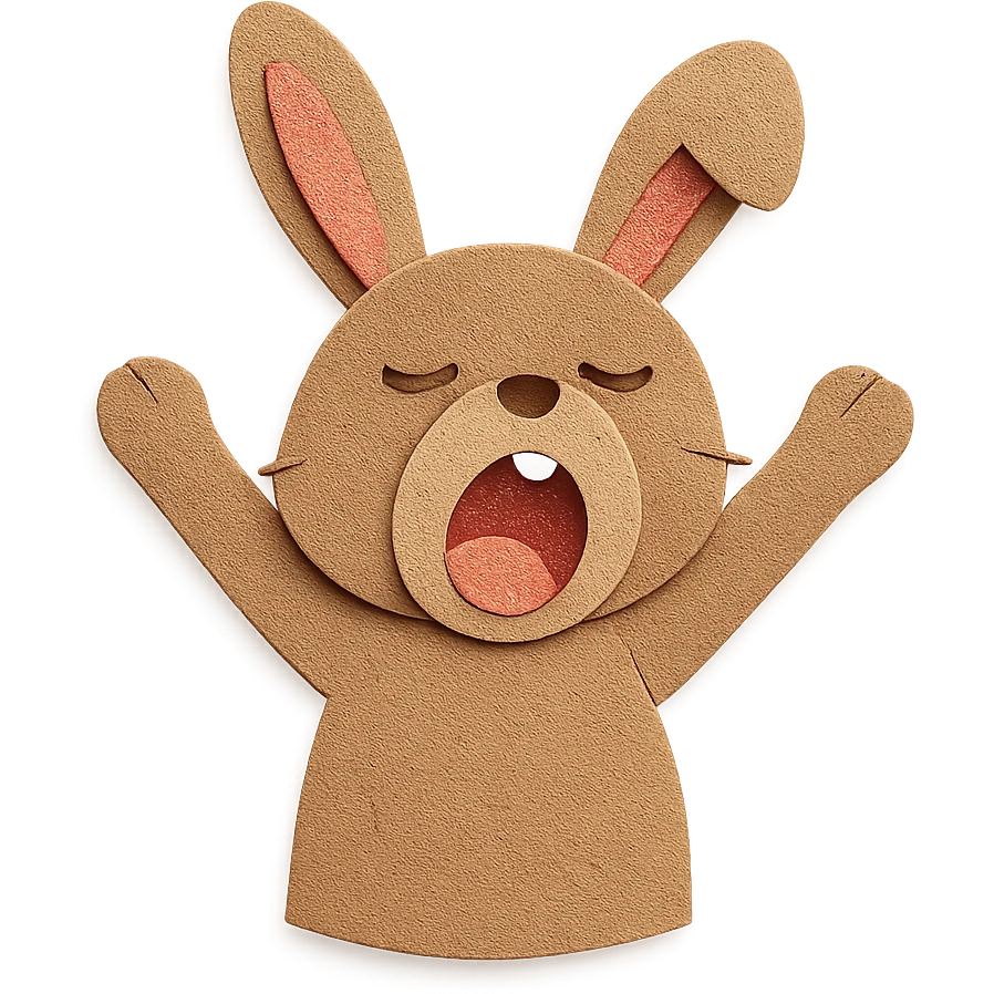 brown bunny stretching arms while yawning, paper-craft style emoji