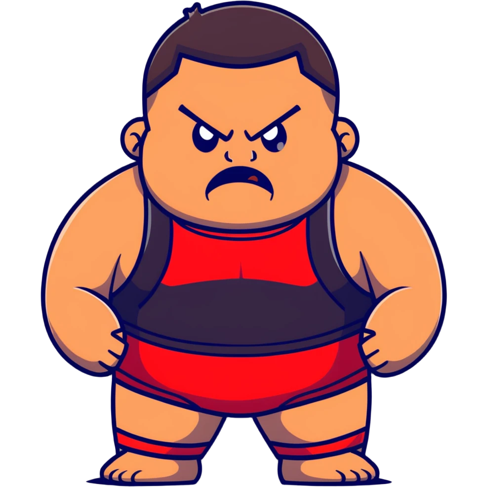 Close-up of white skin fat guy with young face, no muscle with prominent black durag, completely shaved face, no beard or mustache, black eyes in a red and black wrestling singlet with angry face emoji