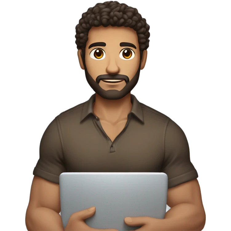 tall men holding his computer in hands. light brown skin men with curly dark brown hair, brown eyes, little grown beard. imposing, bit muscular build. dressed casual. emoji