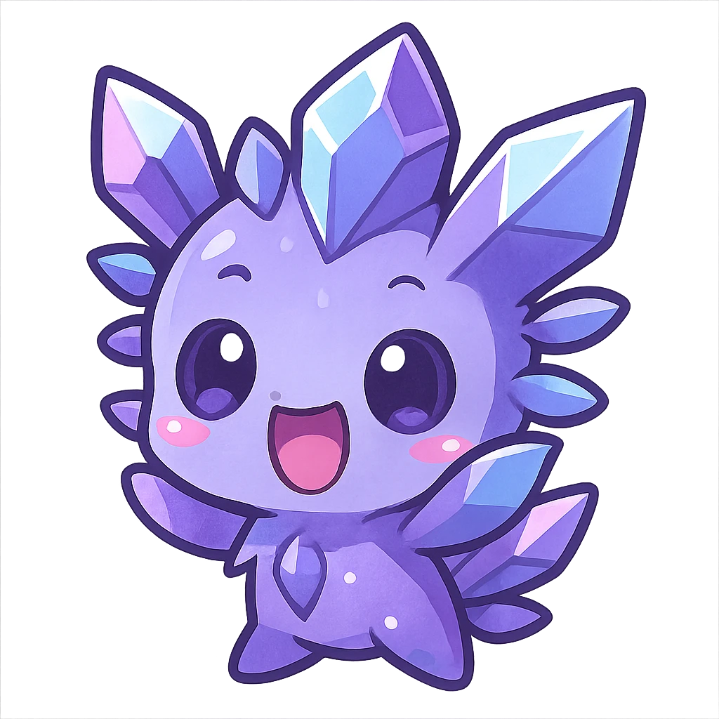 chibi kawaii style emote of a crystal sprite creature, colors purple blue and pink, excited expression emoji