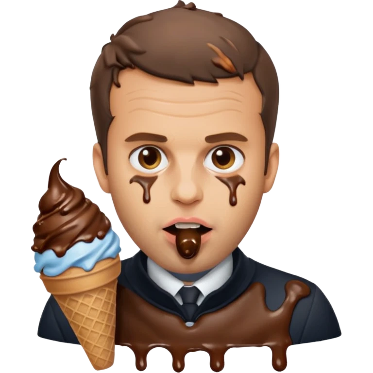 Emanuel macron avec une glace au chocolat et du chocolat autour de la bouche emoji