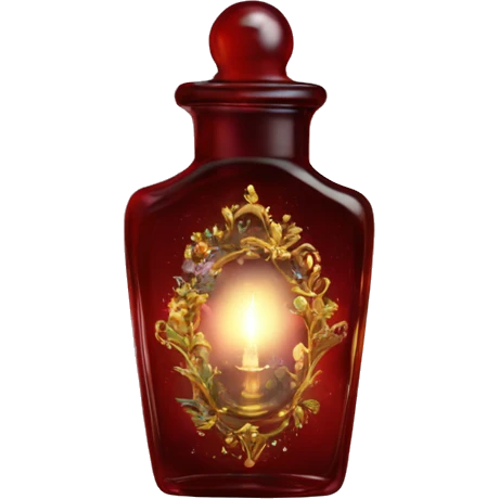 Dark red magic fairy light sparkling old Antique oil perfume bottle with herbal and flowers emoji
