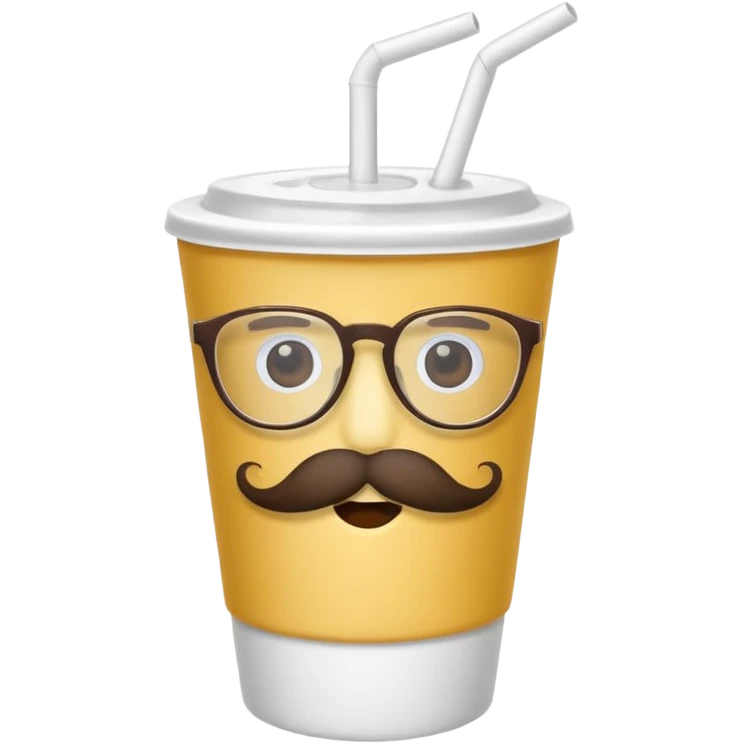 paper cup and white straw, the cup has eyes and mouth and glassess and mustache emoji