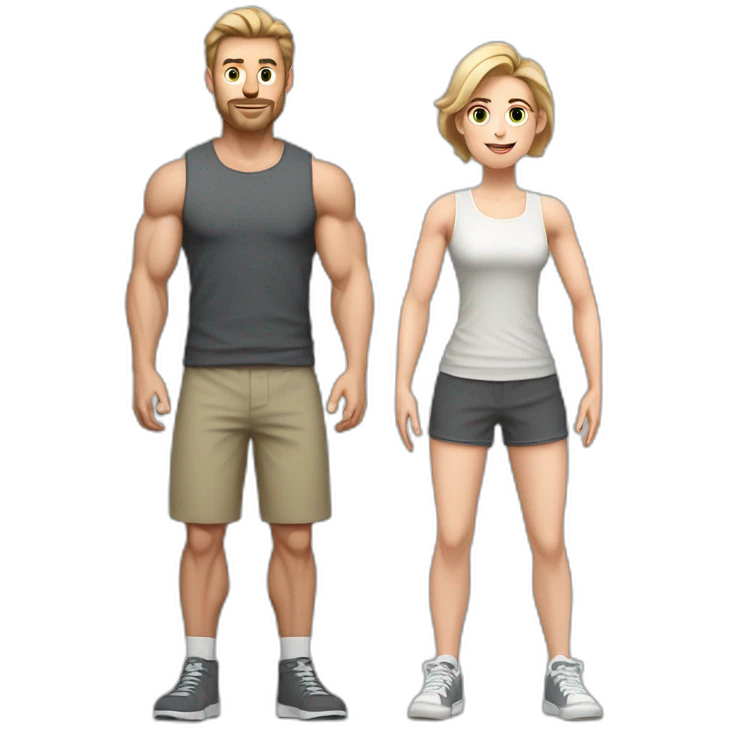 Full height Actively gesturing with hands Pale skinned Fit Man With the biceps and light brown hair with Bristle in dark gray Sleeveless Mike, beige oversize sports shorts and white Sneakers emoji