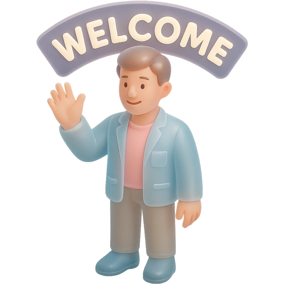 human character, center-frame, casual smart clothing in pastel blues, pinks, and neutrals, warm smile, one hand raised in a wave, stylized 'Welcome' banner behind, isometric perspective, soft diffuse studio lighting, subtle shadows, light depth of field, smooth rounded shapes, realistic skin texture, clean polished surfaces, modern minimalistic setting emoji