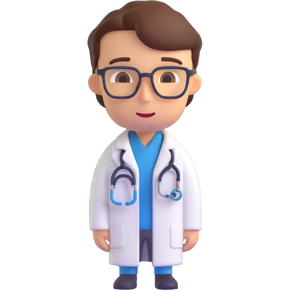 Close-up of a medical or clinical researcher in 3D emoji style, wearing a lab coat and having a thoughtful expression, with a neutral background. emoji