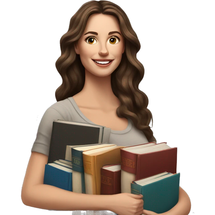 white woman brunette long wavy hair highlights woman while holding large stack of books emoji